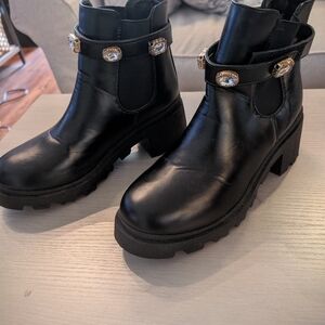 Sugar Black Chunky Heeled Boots with Gold Accents
